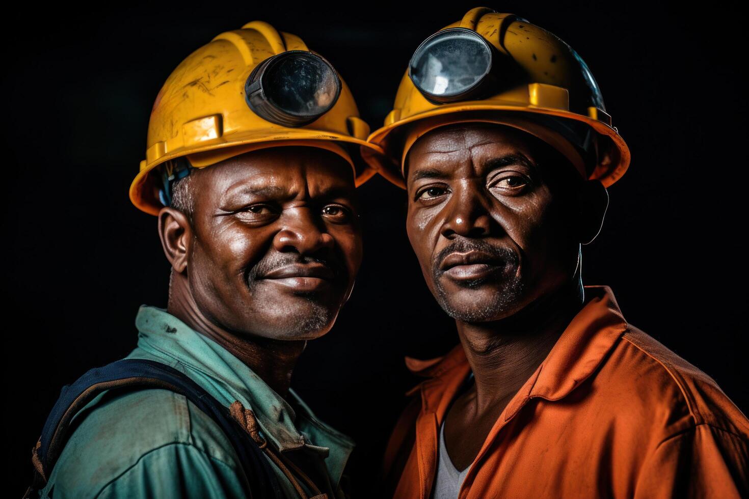Black African Minners with personal protective head gear